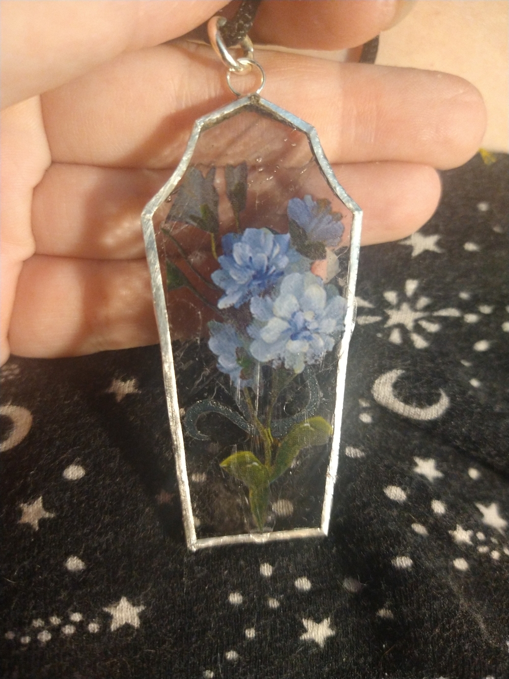Handcrafted Blue Floral Stained Glass Pendant - Gothic Gargoyle